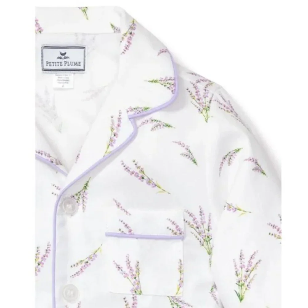 Petite Plume Girls Lavender Floral Pajama Set Cotton Long Sleeve Button-Down Top - Picture 4 of 14